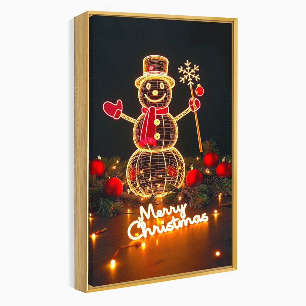 Tablou canvas cu ilustratie cu om de zapada luminos, in rama de aluminiu auriu